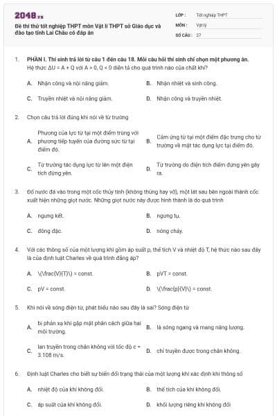 Đề thi thử tốt nghiệp THPT môn Vật lí THPT sở Giáo dục và đào tạo tỉnh Lai Châu có đáp án