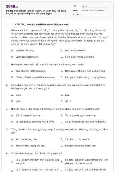 Bài tập trắc nghiệm Cuối kì 1 KTPL 11 Cánh diều (có đúng sai, trả lời ngắn) có đáp án - Bài tập tự luyện