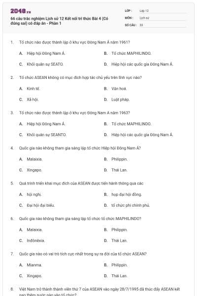 66 câu trắc nghiệm Lịch sử 12 Kết nối tri thức Bài 4 (Có đúng sai) có đáp án - Phần 1