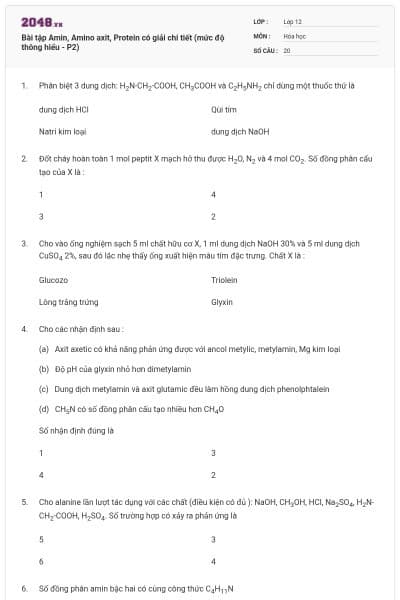 Bài tập Amin, Amino axit, Protein có giải chi tiết (mức độ thông hiểu - P2)