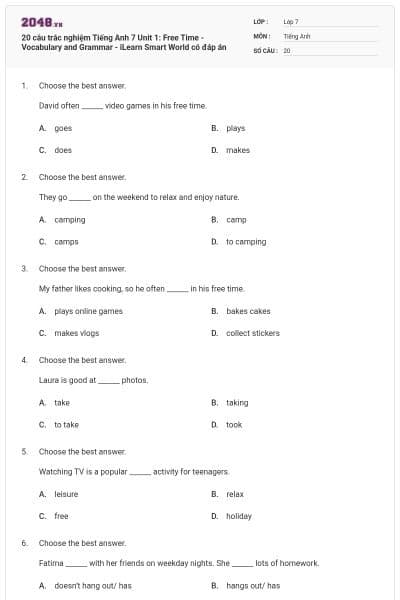 20 câu trắc nghiệm Tiếng Anh 7 Unit 1: Free Time - Vocabulary and Grammar - iLearn Smart World có đáp án