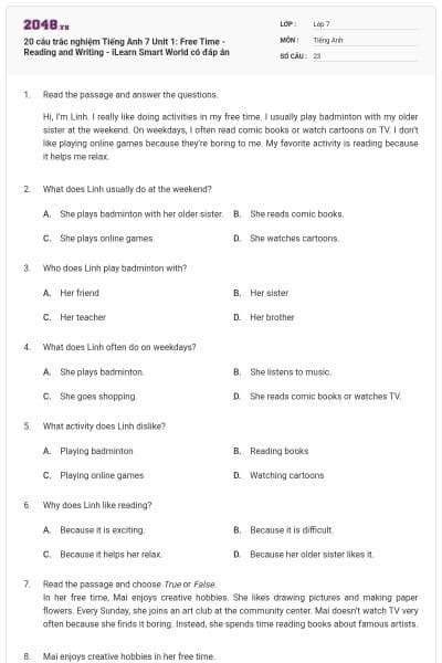 20 câu trắc nghiệm Tiếng Anh 7 Unit 1: Free Time - Reading and Writing - iLearn Smart World có đáp án