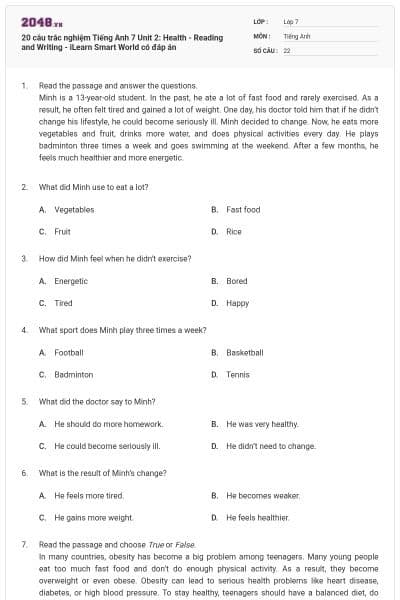20 câu trắc nghiệm Tiếng Anh 7 Unit 2: Health - Reading and Writing - iLearn Smart World có đáp án