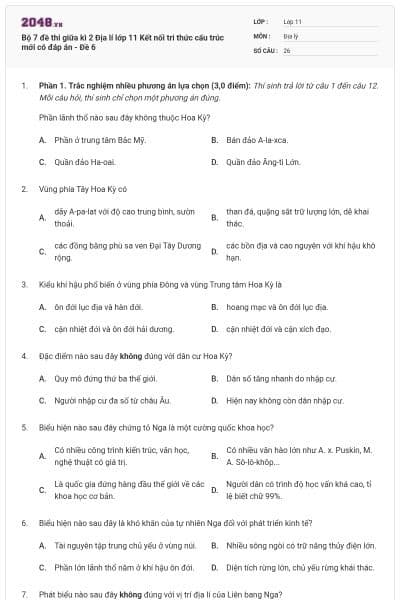 Bộ 7 đề thi giữa kì 2 Địa lí lớp 11 Kết nối tri thức cấu trúc mới có đáp án - Đề 6