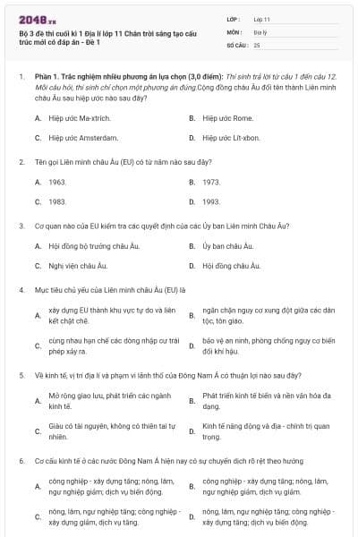 Bộ 3 đề thi cuối kì 1 Địa lí lớp 11 Chân trời sáng tạo cấu trúc mới có đáp án - Đề 1