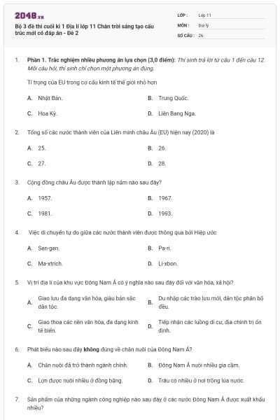 Bộ 3 đề thi cuối kì 1 Địa lí lớp 11 Chân trời sáng tạo cấu trúc mới có đáp án - Đề 2