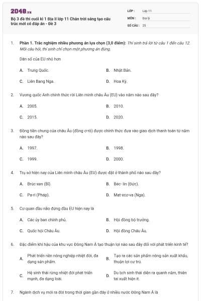 Bộ 3 đề thi cuối kì 1 Địa lí lớp 11 Chân trời sáng tạo cấu trúc mới có đáp án - Đề 3