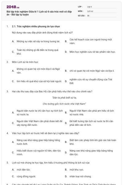 Bài tập trắc nghiệm Giữa kì 1 Lịch sử 6 cấu trúc mới có đáp án - Bài tập tự luyện