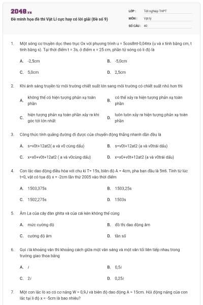 Đề minh họa đề thi Vật Lí cực hay có lời giải (Đề số 9)