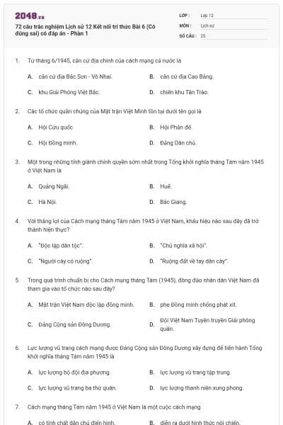 72 câu trắc nghiệm Lịch sử 12 Kết nối tri thức Bài 6 (Có đúng sai) có đáp án - Phần 1
