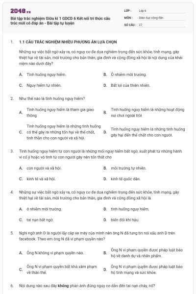 Bài tập trắc nghiệm Giữa kì 1 GDCD 6 Kết nối tri thức cấu trúc mới có đáp án - Bài tập tự luyện