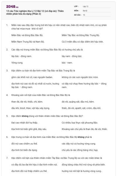 13 câu Trắc nghiệm Địa Lí 12 Bài 12 (có đáp án): Thiên nhiên phân hóa đa dạng (Phần 3)