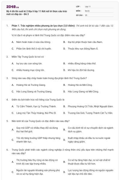 Bộ 4 đề thi cuối kì 2 Địa lí lớp 11 Kết nối tri thức cấu trúc mới có đáp án - Đề 3