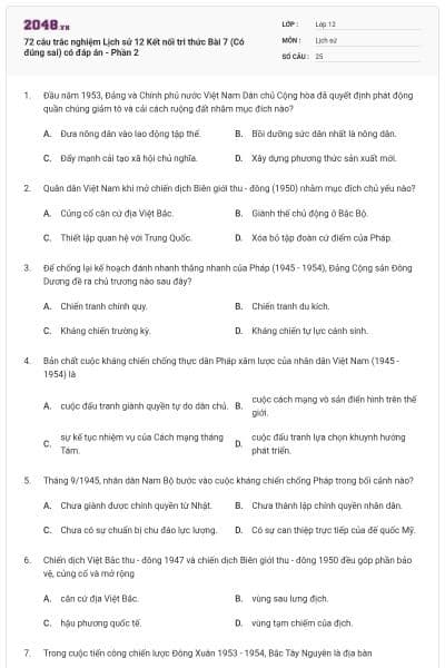 72 câu trắc nghiệm Lịch sử 12 Kết nối tri thức Bài 7 (Có đúng sai) có đáp án - Phần 2