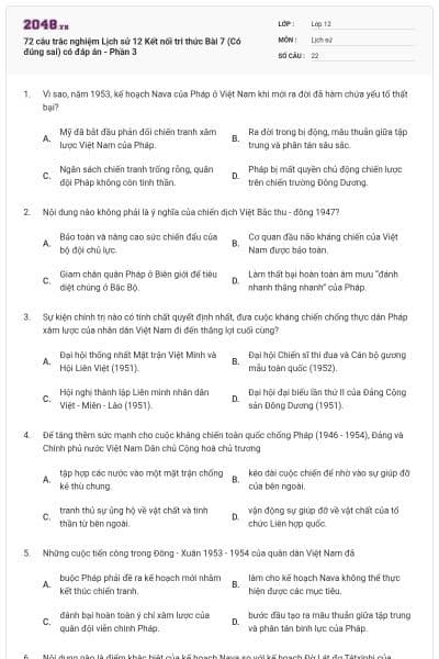 72 câu trắc nghiệm Lịch sử 12 Kết nối tri thức Bài 7 (Có đúng sai) có đáp án - Phần 3