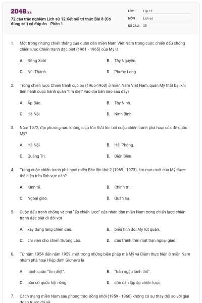 72 câu trắc nghiệm Lịch sử 12 Kết nối tri thức Bài 8 (Có đúng sai) có đáp án - Phần 1