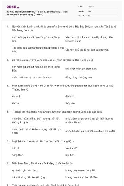 13 câu Trắc nghiệm Địa Lí 12 Bài 12 (có đáp án): Thiên nhiên phân hóa đa dạng (Phần 4)