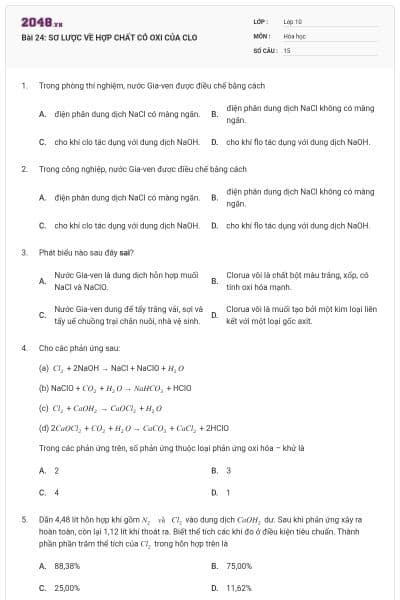 Bài 24: SƠ LƯỢC VỀ HỢP CHẤT CÓ OXI CỦA CLO