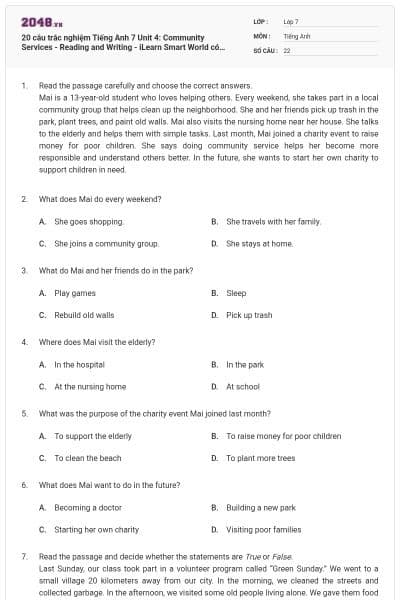 20 câu trắc nghiệm Tiếng Anh 7 Unit 4: Community Services - Reading and Writing - iLearn Smart World có đáp án
