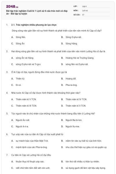 Bài tập trắc nghiệm Cuối kì 1 Lịch sử 6 cấu trúc mới có đáp án - Bài tập tự luyện