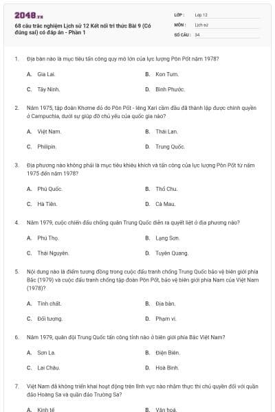 68 câu trắc nghiệm Lịch sử 12 Kết nối tri thức Bài 9 (Có đúng sai) có đáp án - Phần 1