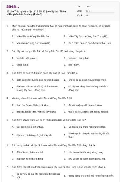 13 câu Trắc nghiệm Địa Lí 12 Bài 12 (có đáp án): Thiên nhiên phân hóa đa dạng (Phần 3)