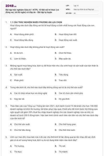 Bài tập trắc nghiệm Giữa kì 1 KTPL 10 Kết nối tri thức (có đúng sai, trả lời ngắn) có đáp án - Bài tập tự luyện