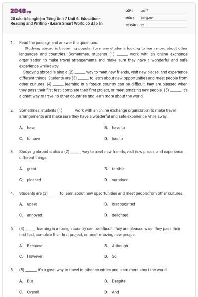 20 câu trắc nghiệm Tiếng Anh 7 Unit 6: Education - Reading and Writing - iLearn Smart World có đáp án