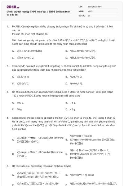 Đề thi thử tốt nghiệp THPT môn Vật lí THPT Sở Nam Định có đáp án