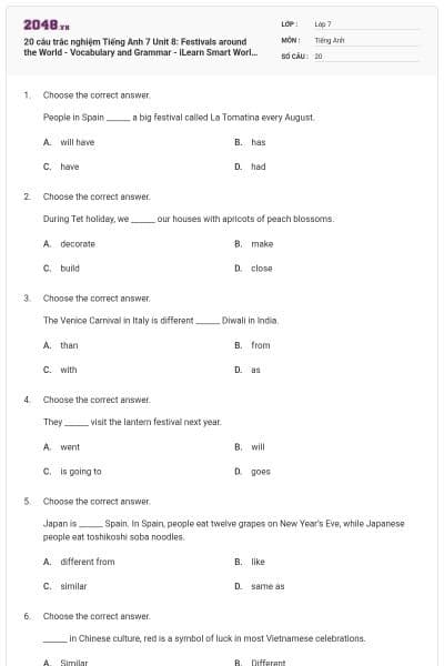 20 câu trắc nghiệm Tiếng Anh 7 Unit 8: Festivals around the World - Vocabulary and Grammar - iLearn Smart World có đáp án
