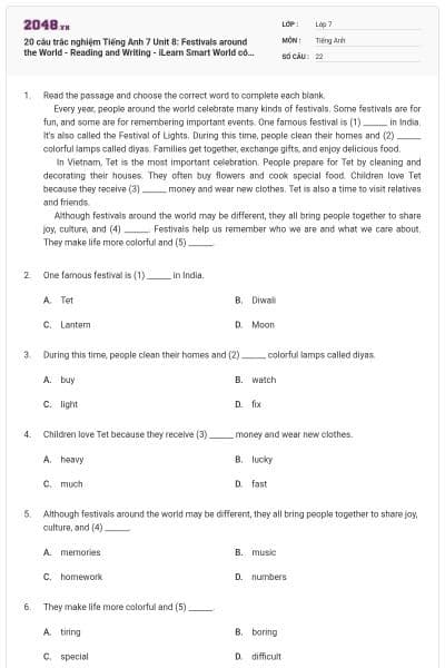 20 câu trắc nghiệm Tiếng Anh 7 Unit 8: Festivals around the World - Reading and Writing - iLearn Smart World có đáp án