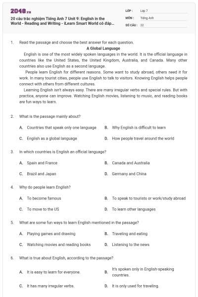 20 câu trắc nghiệm Tiếng Anh 7 Unit 9: English in the World - Reading and Writing - iLearn Smart World có đáp án