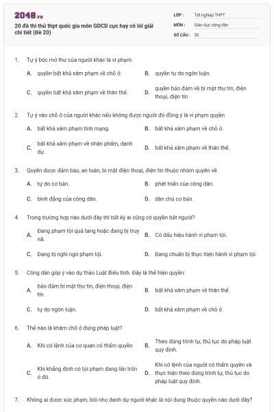 20 đề thi thử thpt quốc gia môn GDCD cực hay có lời giải chi tiết (Đề 20)