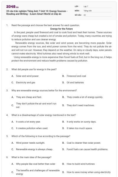 20 câu trắc nghiệm Tiếng Anh 7 Unit 10: Energy Sources - Reading and Writing - iLearn Smart World có đáp án