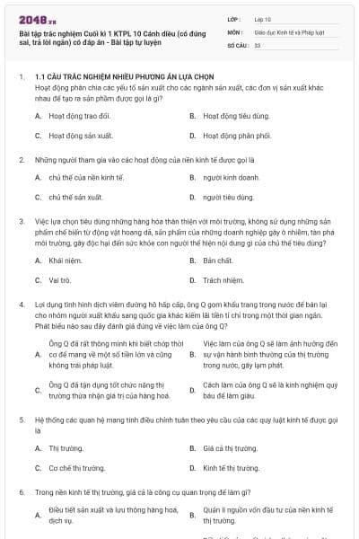 Bài tập trắc nghiệm Cuối kì 1 KTPL 10 Cánh diều (có đúng sai, trả lời ngắn) có đáp án - Bài tập tự luyện