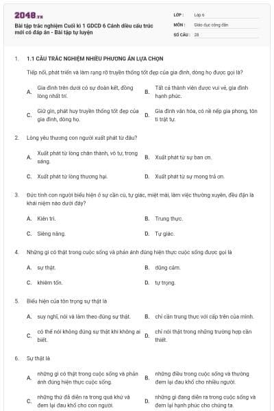 Bài tập trắc nghiệm Cuối kì 1 GDCD 6 Cánh diều cấu trúc mới có đáp án - Bài tập tự luyện