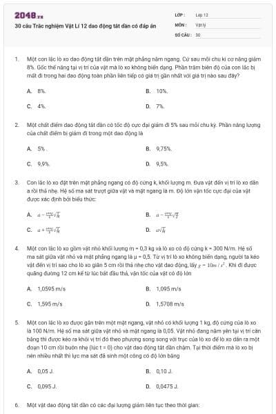 30 câu Trắc nghiệm Vật Lí 12 dao động tắt dần có đáp án