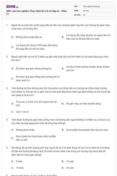 400+ câu trắc nghiệm Thực hành lái ô tô có đáp án - Phần 21