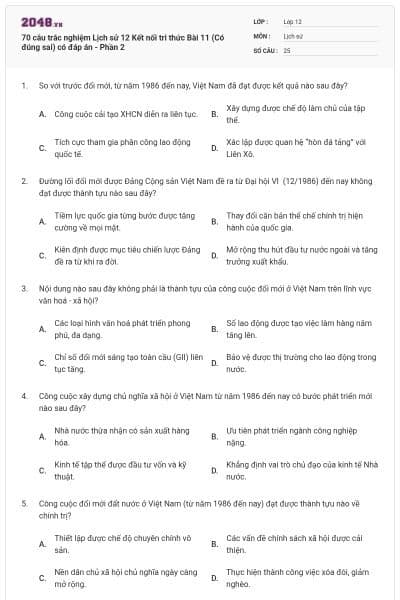 70 câu trắc nghiệm Lịch sử 12 Kết nối tri thức Bài 11 (Có đúng sai) có đáp án - Phần 2
