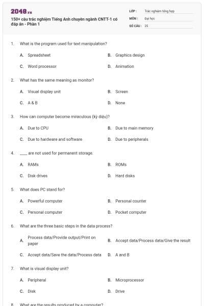 150+ câu trắc nghiệm Tiếng Anh chuyên ngành CNTT-1 có đáp án - Phần 1