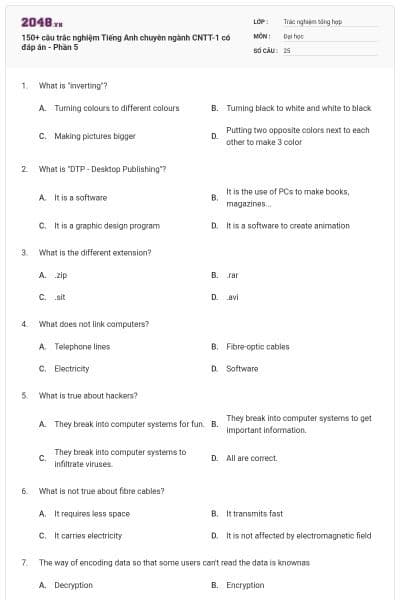 150+ câu trắc nghiệm Tiếng Anh chuyên ngành CNTT-1 có đáp án - Phần 5
