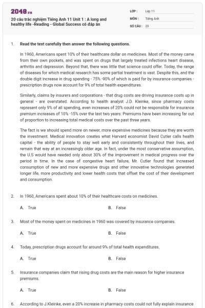 20 câu trắc nghiệm Tiếng Anh 11 Unit 1 : A long and healthy life -Reading - Global Success có đáp án