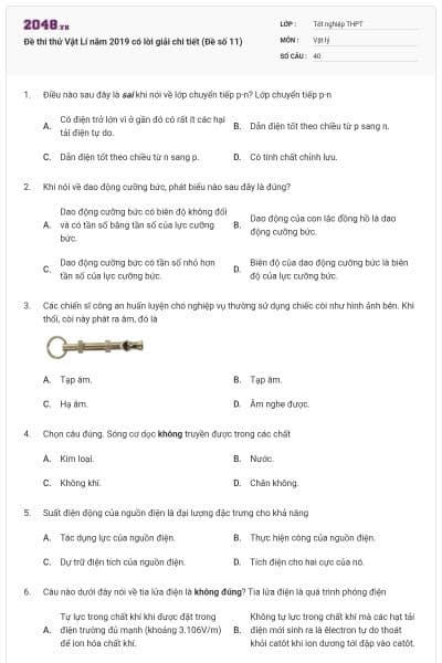 Đề thi thử Vật Lí năm 2019 có lời giải chi tiết (Đề số 11)