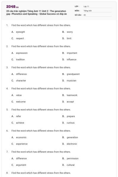 20 câu trắc nghiệm Tiếng Anh 11 Unit 2 : The generation gap -Phonetics and Speaking - Global Success có đáp án