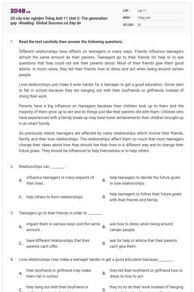 20 câu trắc nghiệm Tiếng Anh 11 Unit 2: The generation gap -Reading- Global Success có đáp án