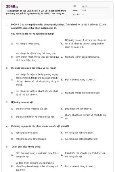 Trắc nghiệm ôn tập Giữa học kì 1 Vật Lí 12 Kết nối tri thức (có đúng sai, trả lời ngắn) có đáp án - Bài 2: Nội năng. Định luật I của nhiệt động lực học