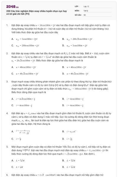 200 Câu trắc nghiệm Điện xoay chiều tuyển chọn cực hay có lời giải chi tiết (P4)
