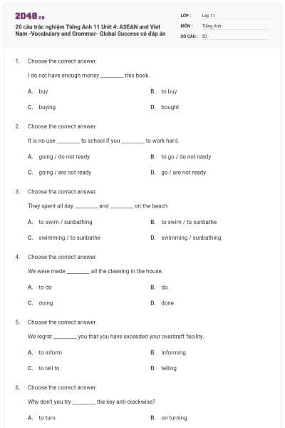 20 câu trắc nghiệm Tiếng Anh 11 Unit 4: ASEAN and Viet Nam -Vocabulary and Grammar- Global Success có đáp án