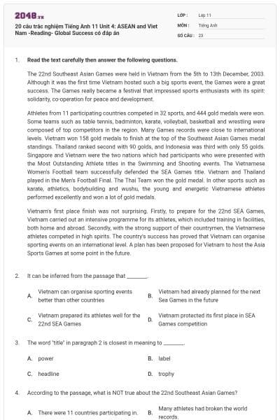 20 câu trắc nghiệm Tiếng Anh 11 Unit 4: ASEAN and Viet Nam -Reading- Global Success có đáp án