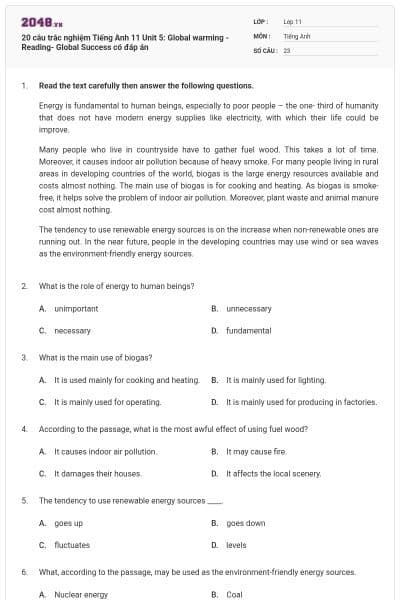 20 câu trắc nghiệm Tiếng Anh 11 Unit 5: Global warming -Reading- Global Success có đáp án